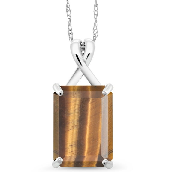 Gem Stone King 10K White Gold Brown Tiger Eye Pendant Necklace for Women (6.50 Cttw, Gemstone Birthstone, Emerald Cut Cut 14x10MM, with 18 inch Chain)