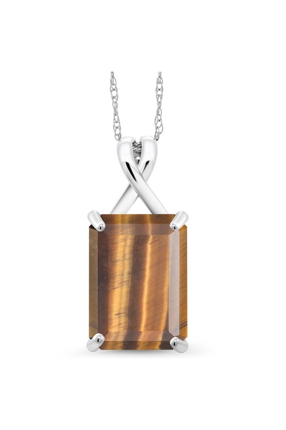10K White Gold Brown Tiger Eye Pendant Necklace for Women (6.50 Cttw, Gemstone Birthstone, Emerald Cut Cut 14x10MM, with 18 inch Chain)