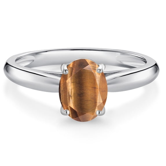 Gem Stone King 10K White Gold Brown Tiger Eye Solitaire Engagement Ring for Women (1.25 Cttw, Oval 8X6MM, Gemstone Birthstone, Available in Size 5, 6, 7, 8, 9)