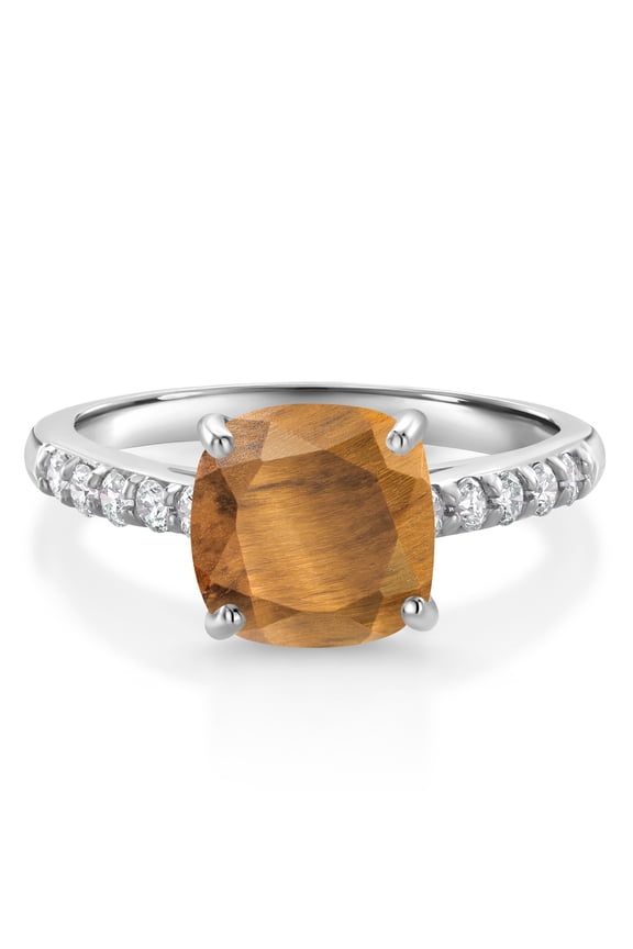 10K White Gold Brown Tiger Eye and White Lab Grown Diamond Engagement Ring for Women (2.20 Cttw, Cushion 8MM, Gemstone Birthstone, Size 6)