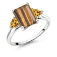 thumbnail image 1 of Gem Stone King 10K White Gold Brown Tiger Eye and Yellow Citrine 3 Stone Engagement Ring for Women (2.42 Cttw, Emerald Cut 9X7MM, Gemstone Birthstone, Size 10), 1 of 4