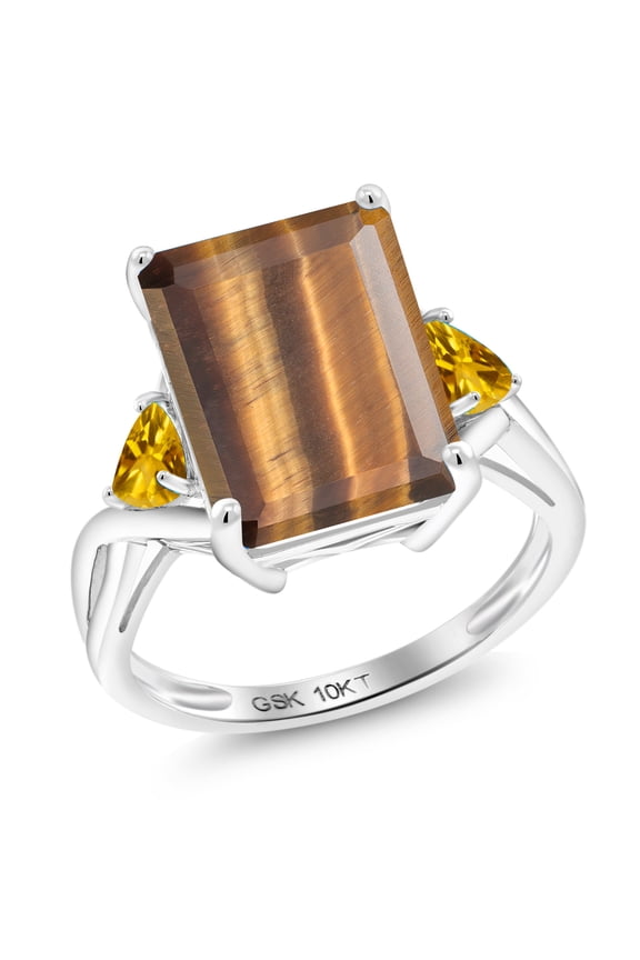 10K White Gold Brown Tiger Eye and Yellow Citrine 3 Stone Engagement Ring for Women (6.92 Cttw, Emerald Cut 14X10MM, Trillion 4MM, Size 7)