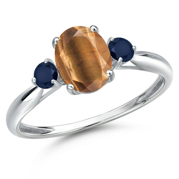 Gem Stone King 10K White Gold Brown Tiger Eye and Blue Sapphire 3-Stone Ring for Women | 1.55 Cttw | Oval 8X6MM | Gemstone Birthstone | Size 7