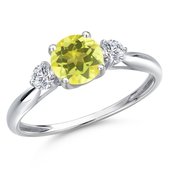 Gem Stone King 10K White Gold Canary Mystic Topaz and Lab Grown Diamond 3-Stone Ring for Women | 1.22 Cttw | Round 6MM | Gemstone November Birthstone | Size 9