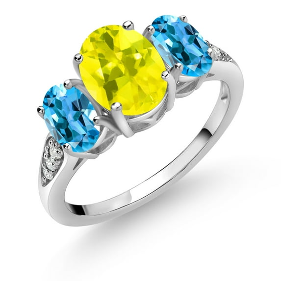 Gem Stone King 10K White Gold Canary Mystic Topaz Swiss Blue Topaz and White Lab Grown Diamond 3 Stone Engagement Ring for Women (2.70 Cttw, Gemstone Birthstone, Size 8)