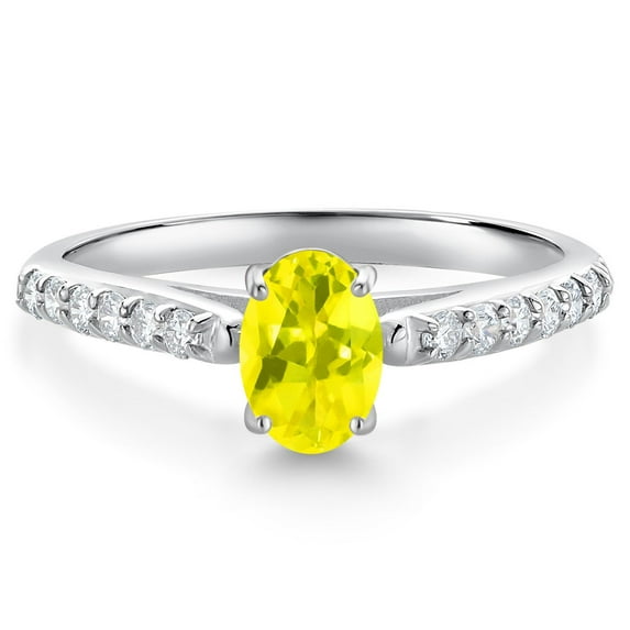 Gem Stone King 10K White Gold Canary Mystic Topaz and White Lab Grown Diamond Soitaire Engagement Ring for Women (0.98 Cttw, Oval 7X5MM, Gemstone Birthstone, Available in Size 5, 6, 7, 8, 9)