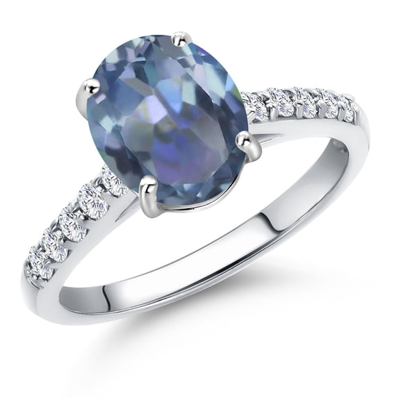 Gem Stone King 10K White Gold Cassiopeia Mystic Topaz and Lab Grown Diamond Engagement Ring for Women | 2.20 Cttw | Oval 9X7MM | Gemstone November Birthstone | Size 6