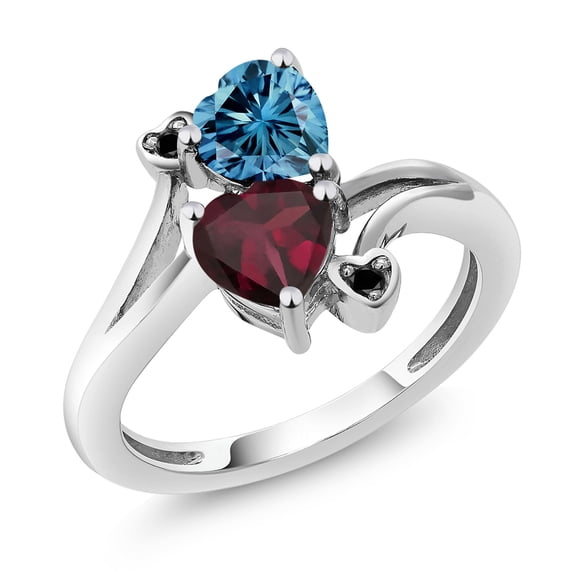 Gem Stone King 10K White Gold Diamond Accent Ring Heart Shape Persian Blue Moissanite and Rhodolite Garnet Red (1.55 Cttw, Size 5)