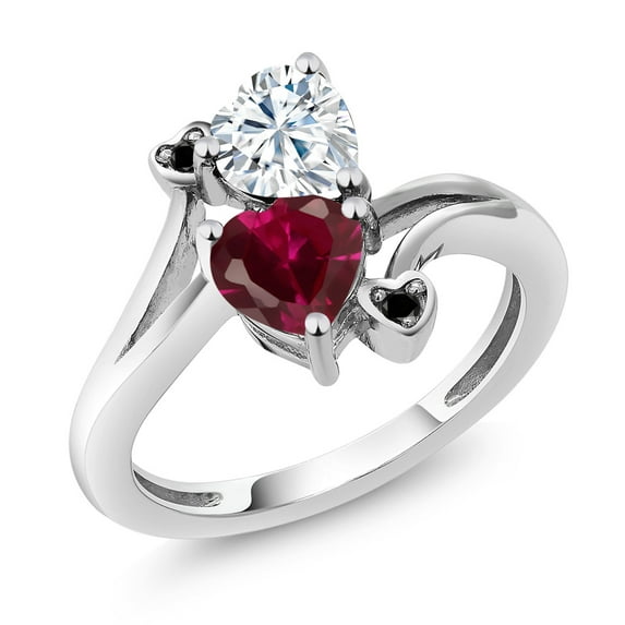 Gem Stone King 10K White Gold Diamond Accent Ring Set with Near Colorless Heart Shape Moissanite and Created Ruby 1.80cttw (Size 5)