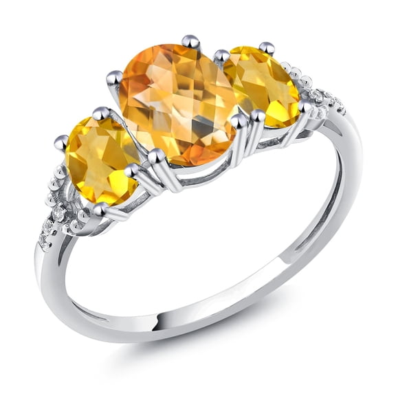 Gem Stone King 10K White Gold Diamond Accent Three-Stone Engagement Ring set with 2.10 Ct Oval Checkerboard Yellow Citrine (Size 9.5)