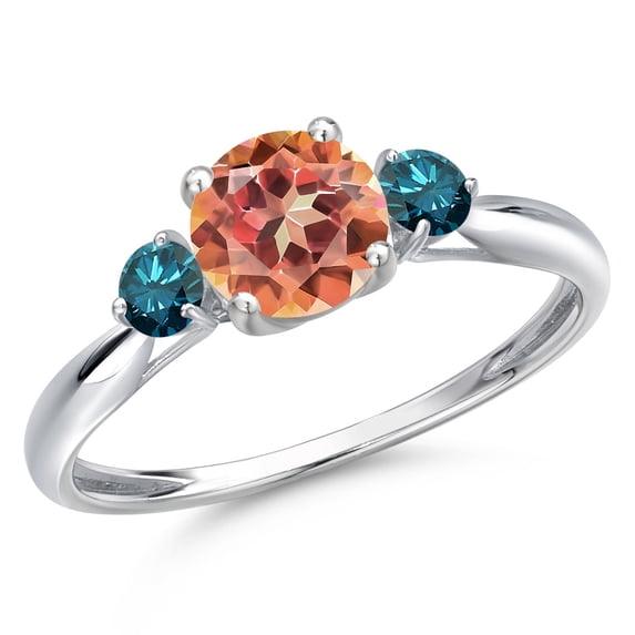 Gem Stone King 10K White Gold Ecstasy Mystic Topaz and Blue Diamond 3-Stone Ring for Women | 1.20 Cttw | Round 6MM | Gemstone November Birthstone | Size 5