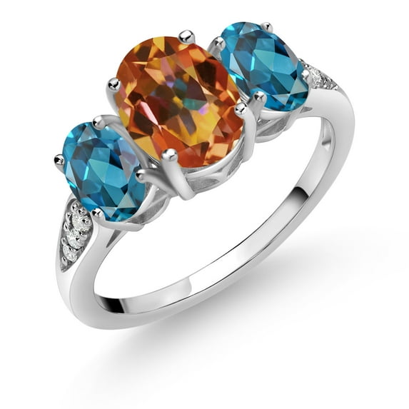 Gem Stone King 10K White Gold Ecstasy Mystic Topaz London Blue Topaz and White Lab Grown Diamond 3 Stone Engagement Ring for Women (2.74 Cttw, Gemstone Birthstone, Size 8)