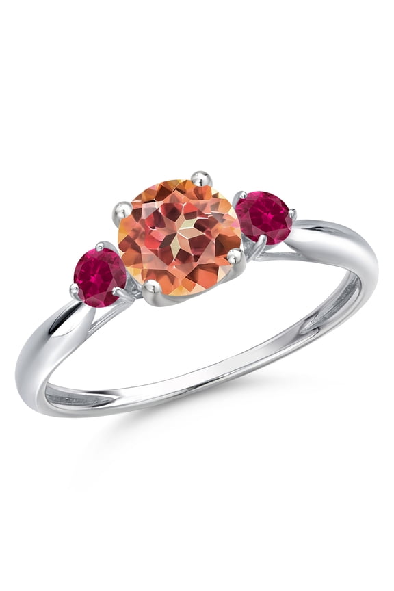 10K White Gold Ecstasy Mystic Topaz and Red Created Ruby 3-Stone Ring for Women | 1.28 Cttw | Round 6MM | Gemstone November Birthstone | Size 9