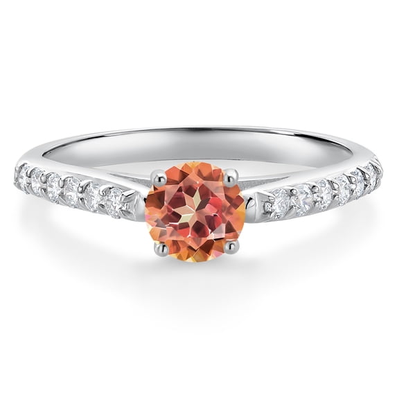 Gem Stone King 10K White Gold Ecstasy Mystic Topaz and White Lab Grown Diamond Wedding Engagement Solitaire Anniversary Ring (1.18 Cttw, Round 5MM, Gemstone, Available in Size 5, 6, 7, 8, 9)