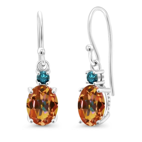 Gem Stone King 10K White Gold Ecstasy Mystic Topaz and Blue Diamond Dangle Earrings for Women (2.73 Cttw, Gemstone Birthstone, Oval 8x6mm)
