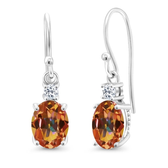 Gem Stone King 10K White Gold Ecstasy Mystic Topaz and White Topaz Dangle Earrings for Women (2.76 Cttw, Gemstone Birthstone, Oval 8x6mm)