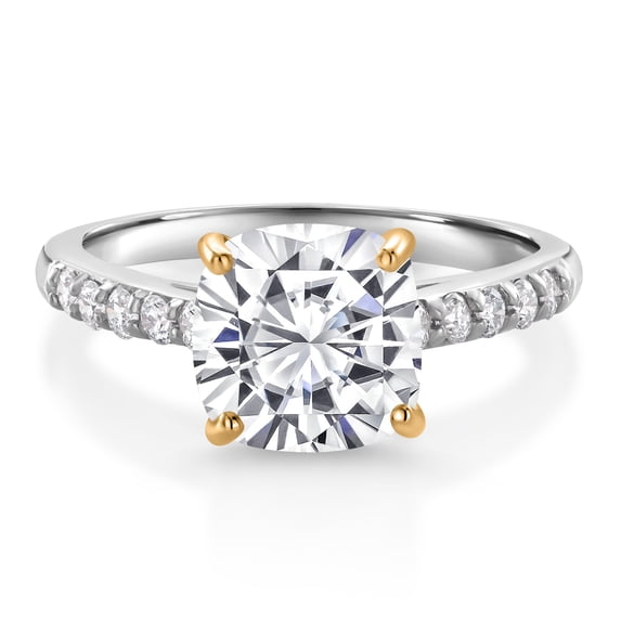 Gem Stone King 10K White Gold Ring with Yellow Gold Prongs Lab Grown Diamond Set with Forever One (GHI, Size 6) Cushion Moissanite from Charles & Colvard (2.60 Cttw, Size 6)