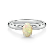 Gem Stone King 10K White Gold White Ethiopian Opal Solitaire Engagement Ring for Women (0.51 Cttw, Oval Cabochon 7X5MM, Gemstone Birthstone, Available in Size 5, 6, 7, 8, 9)