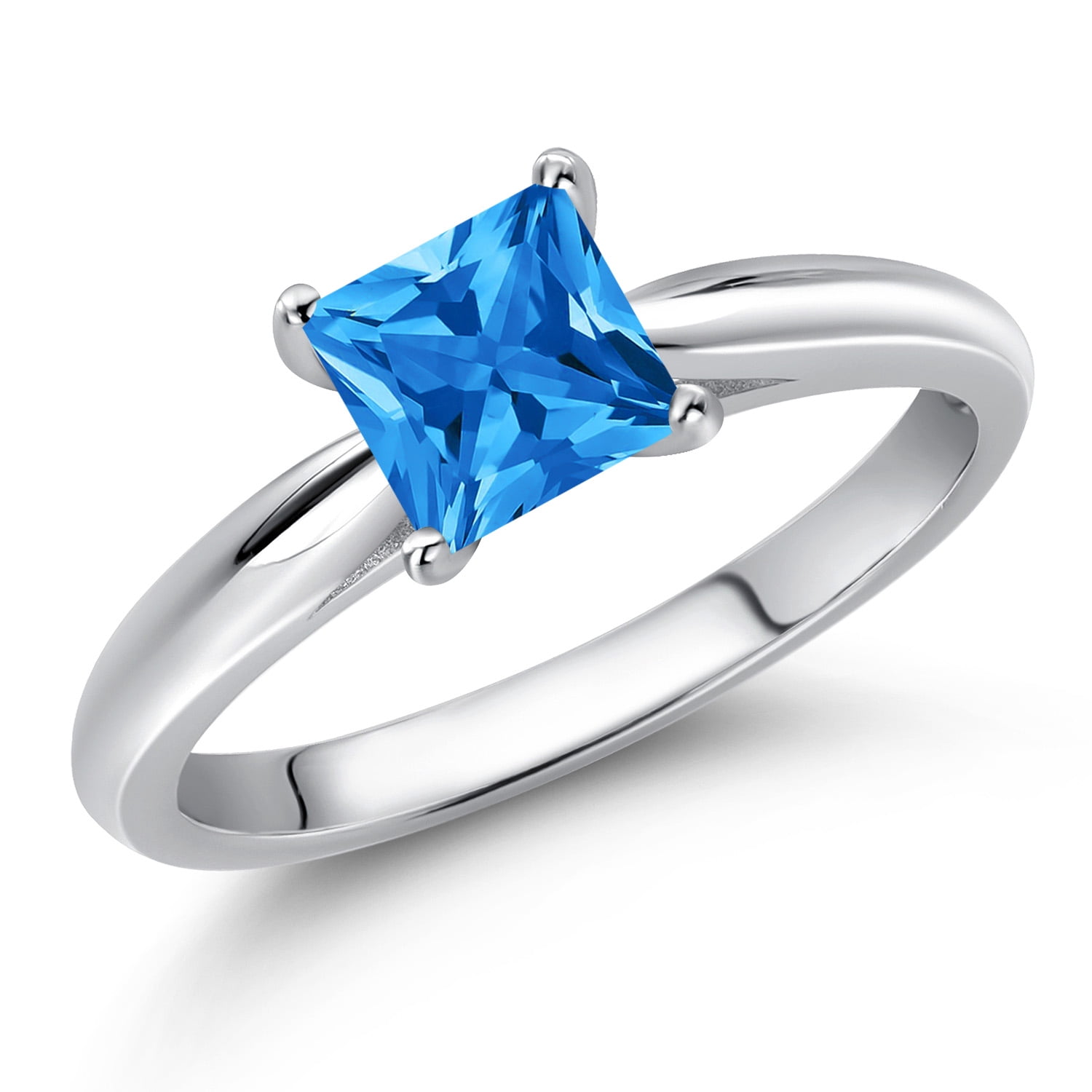 Gem Stone King 10K White Gold Fancy Blue Zirconia Engagement Ring for Women | 0.71 Cttw | Princess 5MM | Gemstone Birthstone | Size 5