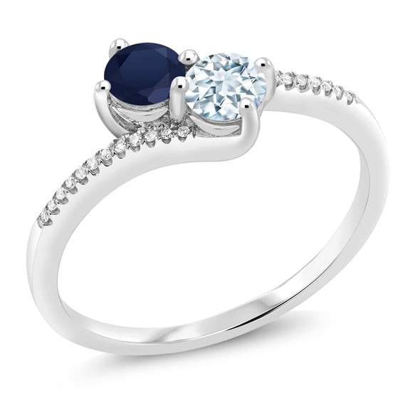 Gem Stone King 10K White Gold Forever United Two Stone Blue Sapphire and Sky Blue Aquamarine and Diamond Engagement Ring for Women (0.77 Cttw, Round) (Size 7)