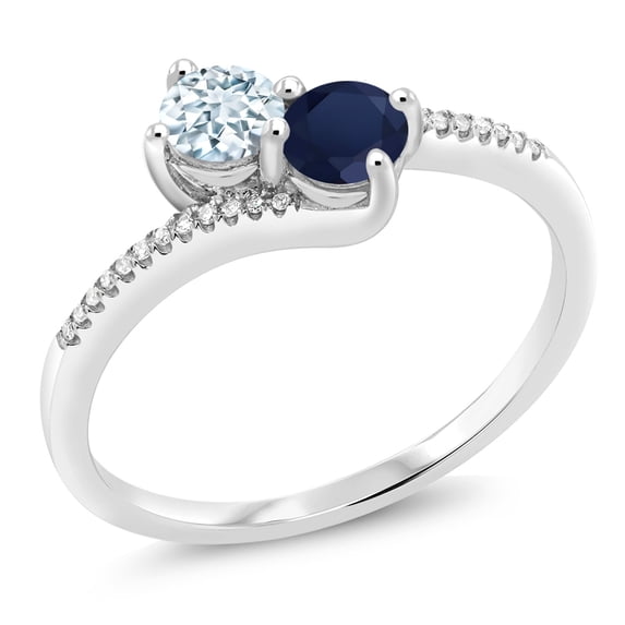 Gem Stone King 10K White Gold Forever United Two Stone Sky Blue Aquamarine and Blue Sapphire and Diamond Engagement Ring for Women (0.77 Cttw, Round) (Size 8)