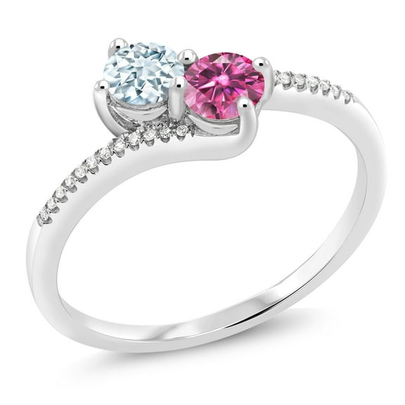 Gem Stone King 10K White Gold Forever United Two Stone Sky Blue Aquamarine and Pink Moissanite and Diamond Engagement Ring for Women (0.65 Cttw, Round) (Size 7)