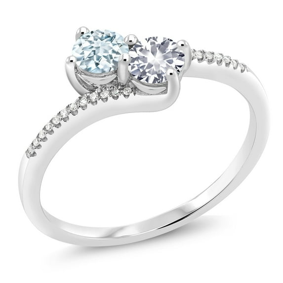 Gem Stone King 10K White Gold Forever United Two Stone Sky Blue Aquamarine and White Created Sapphire and Diamond Engagement Ring for Women (0.67 Cttw, Round) (Size 8)