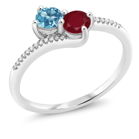 Gem Stone King 10K White Gold Forever United Two Stone Swiss Blue Topaz and Red Ruby and Diamond Engagement Ring for Women (0.80 Cttw, Round) (Size 6)