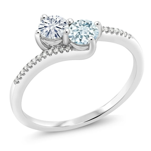 Gem Stone King 10K White Gold Forever United Two Stone White Moissanite and Sky Blue Aquamarine and Diamond Engagement Ring for Women (0.65 Cttw, Round) (Size 7)