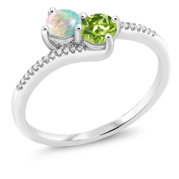 Gem Stone King 10K White Gold Forever United Two Stone White Simulated Opal and Green Peridot and Diamond Engagement Ring for Women (0.72 Cttw, Round) (Size 8)