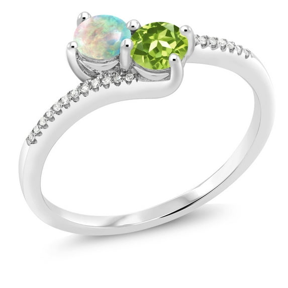 Gem Stone King 10K White Gold Forever United Two Stone White Simulated Opal and Green Peridot and Diamond Engagement Ring for Women (0.72 Cttw, Round) (Size 9)