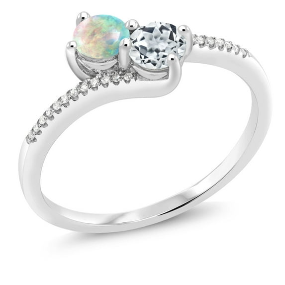 Gem Stone King 10K White Gold Forever United Two Stone White Simulated Opal and White Topaz and Diamond Engagement Ring for Women (0.75 Cttw, Round 4MM, Size 6)