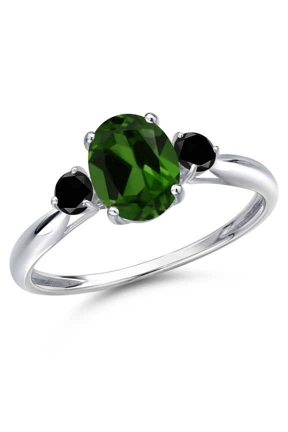 10K White Gold Green Chrome Diopside and Black Diamond 3-Stone Ring for Women | 1.40 Cttw | Oval 8X6MM | Gemstone Birthstone | Size 5