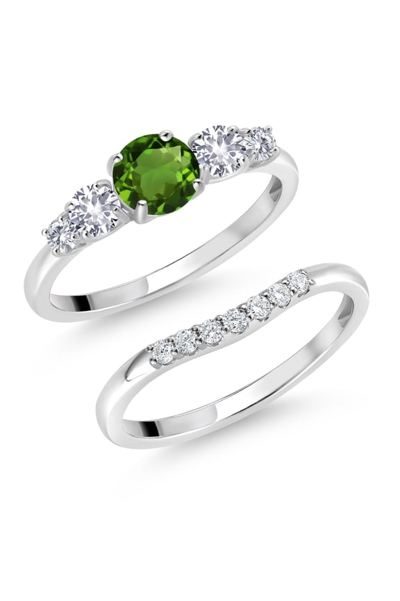 10K White Gold Green Chrome Diopside White Created Sapphire and White Lab Grown Diamond 5-Stone Bridal Engagement Wedding Ring Set for Women (0.87 Cttw, Size 5)