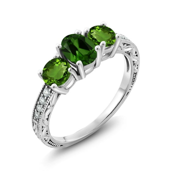 Gem Stone King 10K White Gold Green Chrome Diopside and White Lab Grown Diamond 3 Stone Engagement Ring for Women (1.74 Cttw, Oval Gemstone Birthstone, Available in Size 5, 6, 7, 8, 9)