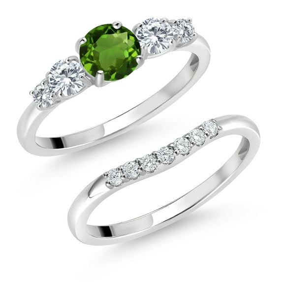 Gem Stone King 10K White Gold Green Chrome Diopside White Moissanite and Lab Grown Diamond 5 Stone Bridal Engagement Wedding Ring Set for Women (0.81 Cttw, Round, Size 8)