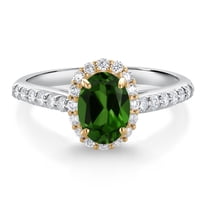 Gem Stone King 10K White Gold Green Chrome Diopside White White Lab Grown Diamond Halo Engagement Ring for Women (1.01 Cttw, Oval 7X5MM, Gemstone, Size 8)