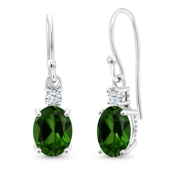 Gem Stone King 10K White Gold Green Chrome Diopside and White Created Sapphire Dangle Earrings for Women (2.50 Cttw, Gemstone Birthstone, Oval 8x6mm)
