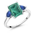 thumbnail image 1 of Gem Stone King 10K White Gold Green Malachite and Blue Created Sapphire 3 Stone Engagement Ring for Women (4.04 Cttw, Emerald Cut 9X7MM, Gemstone Birthstone, Size 7), 1 of 4