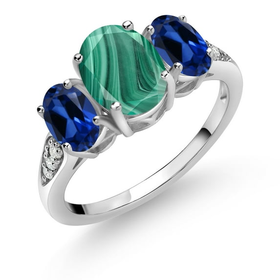 Gem Stone King 10K White Gold Green Malachite Blue Created Sapphire and White Lab Grown Diamond 3 Stone Engagement Ring for Women (3.24 Cttw, Gemstone Birthstone, Available in Size 5, 6, 7, 8, 9)