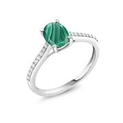 Gem Stone King 10K White Gold Green Malachite and White Diamond Solitaire Engagement Ring for Women | 2.13 Cttw | Oval 8X6MM | Gemstone Birthstone | Size 9