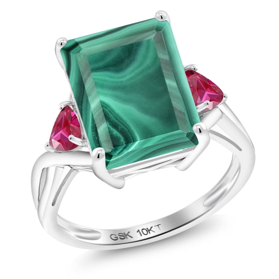 Gem Stone King 10K White Gold Green Malachite and Red Created Ruby 3 Stone Engagement Ring for Women (10.54 Cttw, Emerald Cut 14X10MM, Trillion 4MM, Size 8)