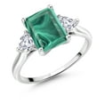 thumbnail image 1 of Gem Stone King 10K White Gold Green Malachite and White Created Sapphire 3 Stone Engagement Ring for Women (4.14 Cttw, Emerald Cut 9X7MM, Gemstone Birthstone, Size 8), 1 of 5