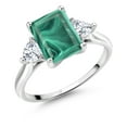 thumbnail image 1 of Gem Stone King 10K White Gold Green Malachite and White Moissanite 3 Stone Engagement Ring for Women (3.96 Cttw, Emerald Cut 9X7MM, Gemstone Birthstone, Size 6), 1 of 4