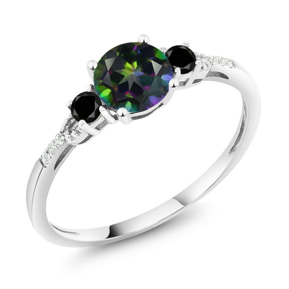 Gem Stone King 10K White Gold Green Mystic Topaz Black Diamond and White Diamond Accent 3-Stone Engagement Ring for Women (1.17 Cttw, Round 6MM, Gemstone November Birthstone, Size 5)