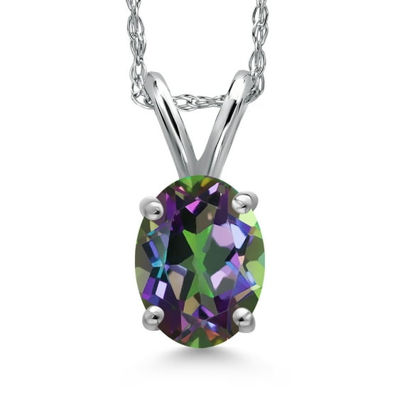 Gem Stone King 10K White Gold Green Mystic Topaz Pendant Necklace for Women | 1.00 Cttw | Gemstone November Birthstone | Oval 7X5MM | With 18 inch Chain