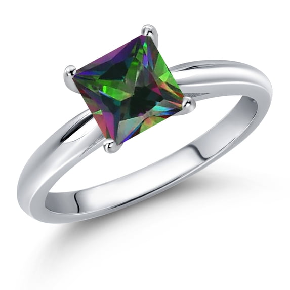 Gem Stone King 10K White Gold Green Mystic Topaz Solitaire Engagement Ring for Women | 1.20 Cttw | Princess 6MM | Gemstone November Birthstone | Size 9