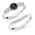 thumbnail image 1 of Gem Stone King 10K White Gold Green Mystic Topaz and White Lab Grown Diamond 5 Stone Bridal Engagement Wedding Ring Set for Women (0.86 Cttw, Round: 5MM and 3MM, Size 6), 1 of 6