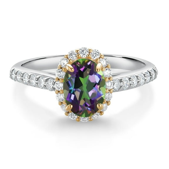 Gem Stone King 10K White Gold Green Mystic Topaz White White Lab Grown Diamond Halo Engagement Ring for Women (1.31 Cttw, Oval 7X5MM, Gemstone, Size 5)