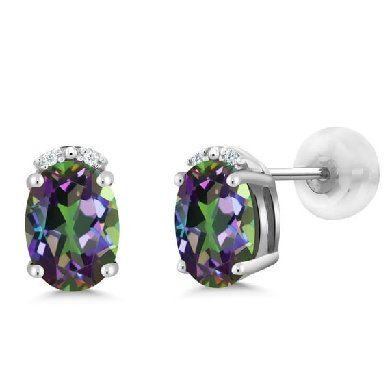 Gem Stone King 10K White Gold Green Mystic Topaz and White Diamond Earrings for Women (1.63 Cttw, Gemstone Birthstone, Oval 7X5MM)